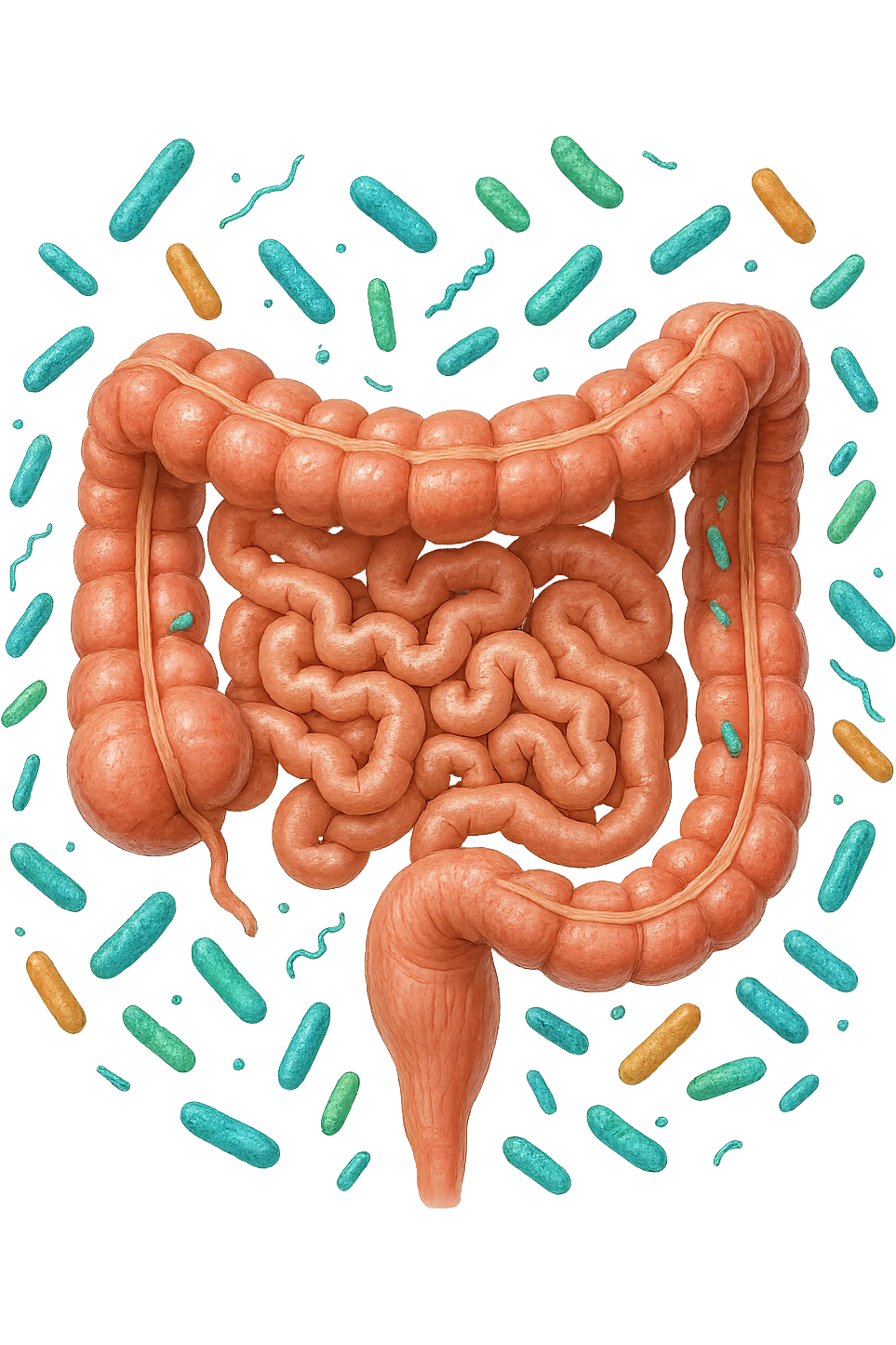 intestino umano anatomico con qualche batterio intestinale che gli fluttua intorno, ISOLATO SU SFONDO BIANCO emoji