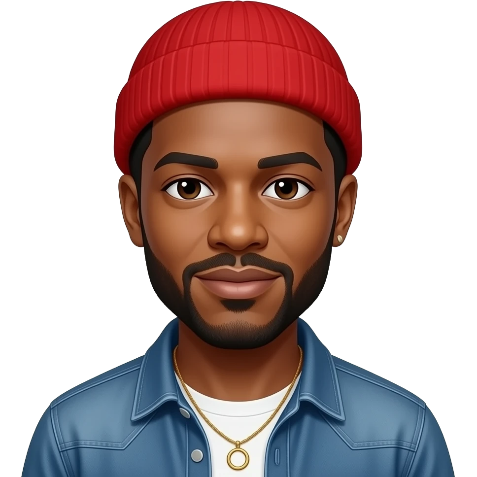 Marvin Gaye with dark brown eyes, black hair, red beanie, denim shirt, necklace and one earrings emoji