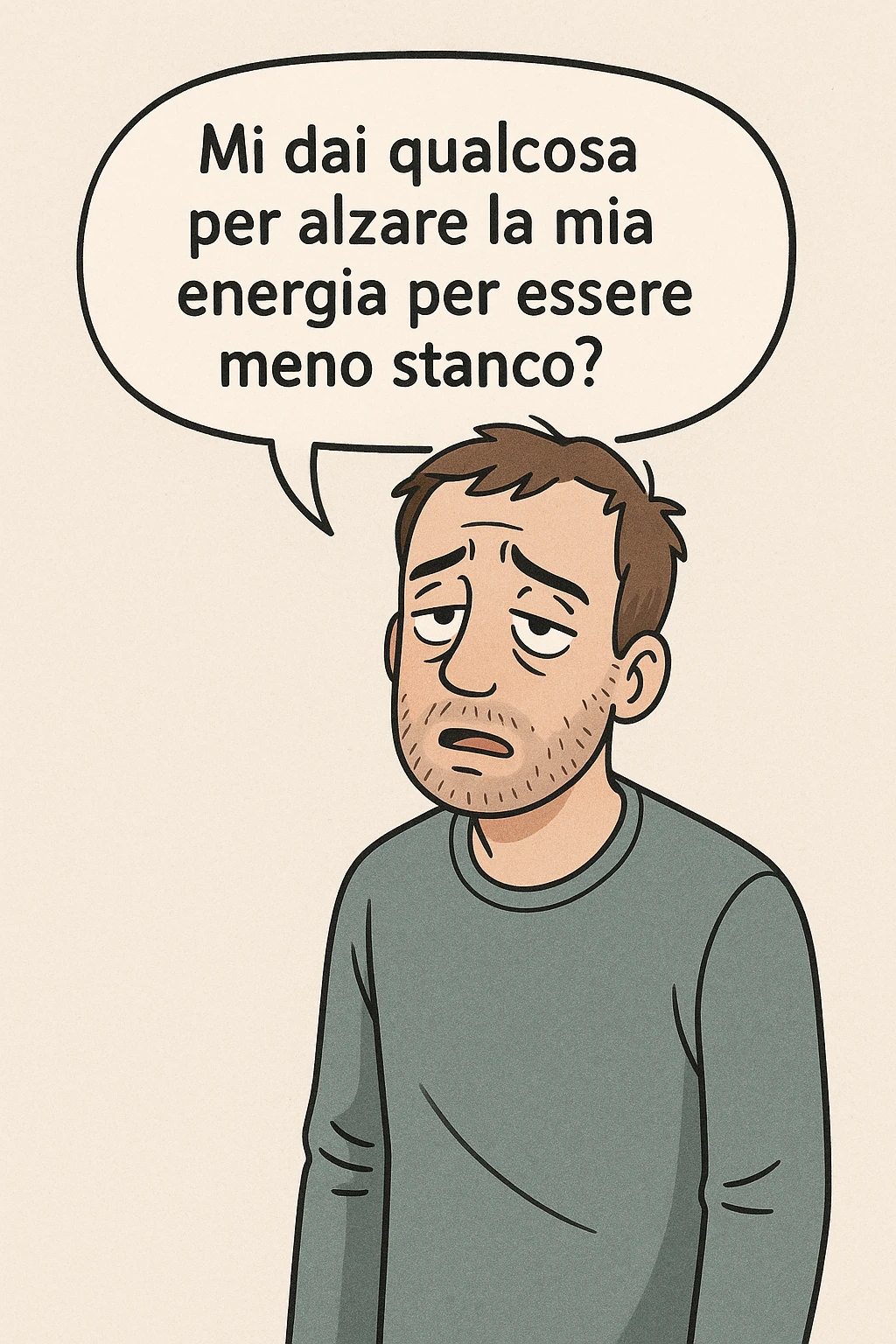 uomo che dice in una nuvoletta "mi dai qualcosa per alzare la mia energia per essere meno stanco?" emoji