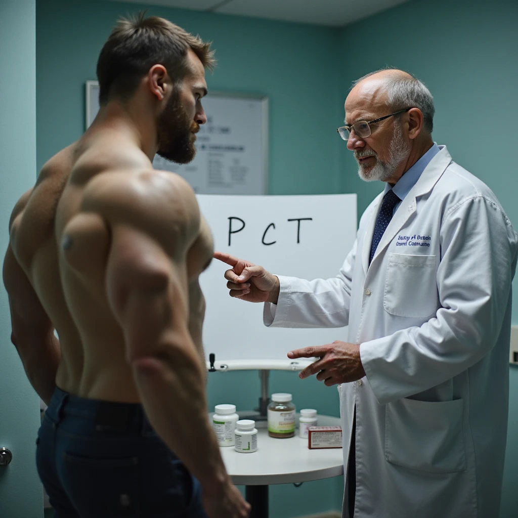 realistic scene of muscular bodybuilder in medical office, doctor in white coat pointing at a sheet with 'PCT' written on it, visible post cycle therapy drugs, clinical and realistic atmosphere emoji