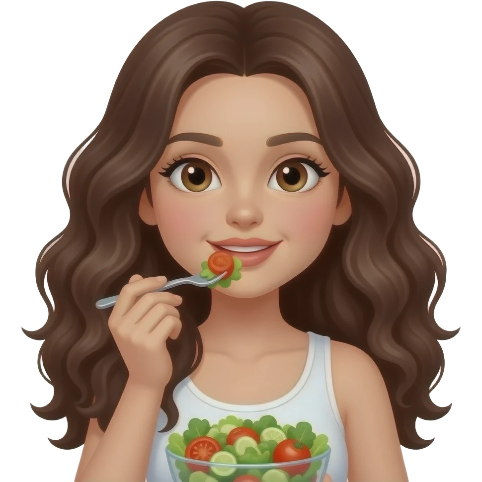 A girl with fair skin, brown eyes, long, incredibly wavy dark brown hair, wearing a white tank top, eating a salad. emoji