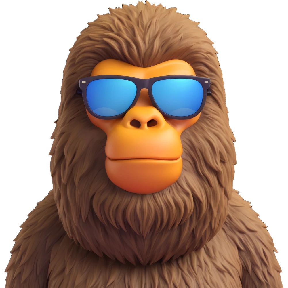 Bigfoot with cool sunglasses, sharp details, high resolution, defined edges, realistic fur texture emoji