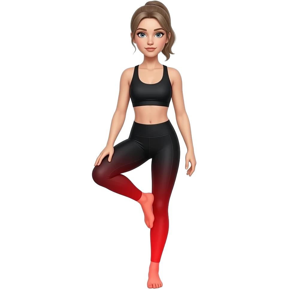leg pain, full red glow covering both legs from hips to feet, woman holding one leg, fair-skinned woman, gray-blue eyes, ash brown brows, ash light brown hair tied back, slim athletic body, black workout set emoji