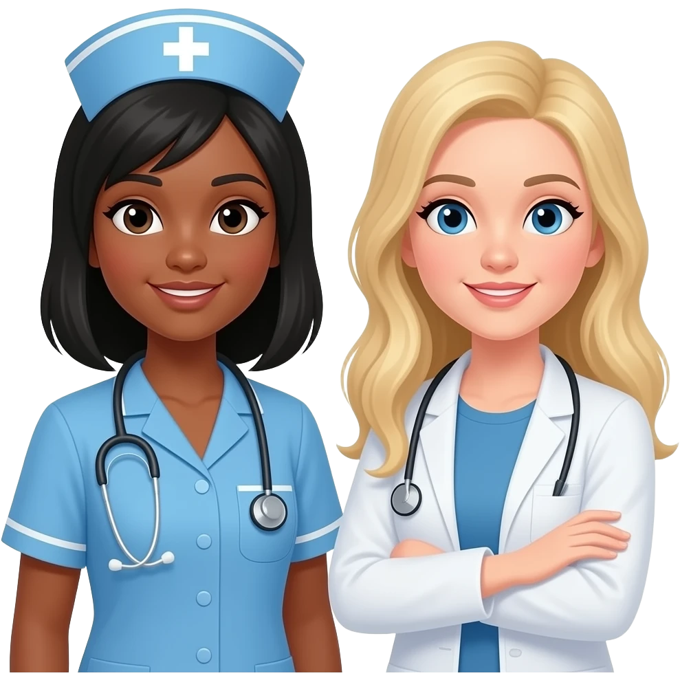 Necesito una imagen de una enfermera de piel blanca de pelo negro junto con una nutricionista rubia pelo largo pero que sean dos chicas emoji