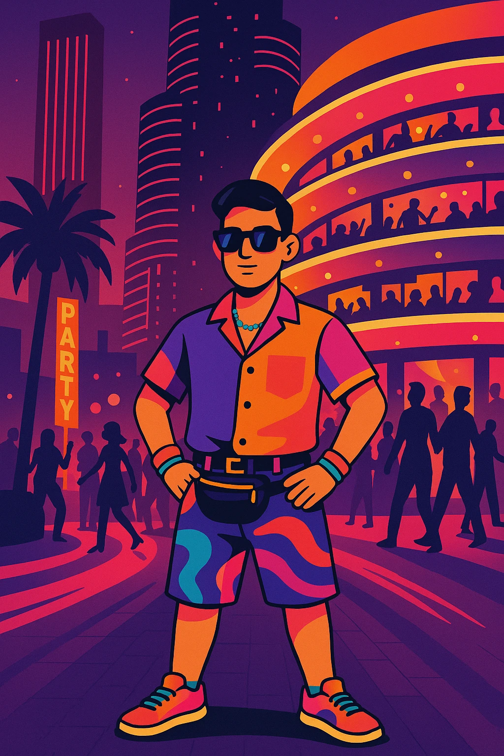Make the man look funky and stylish, wearing vibrant, mesmerizing clothes and trendy accessories. Pose him confidently with an eye-catching and fashionable look suitable for a party scene, in a vibrant toon style. emoji