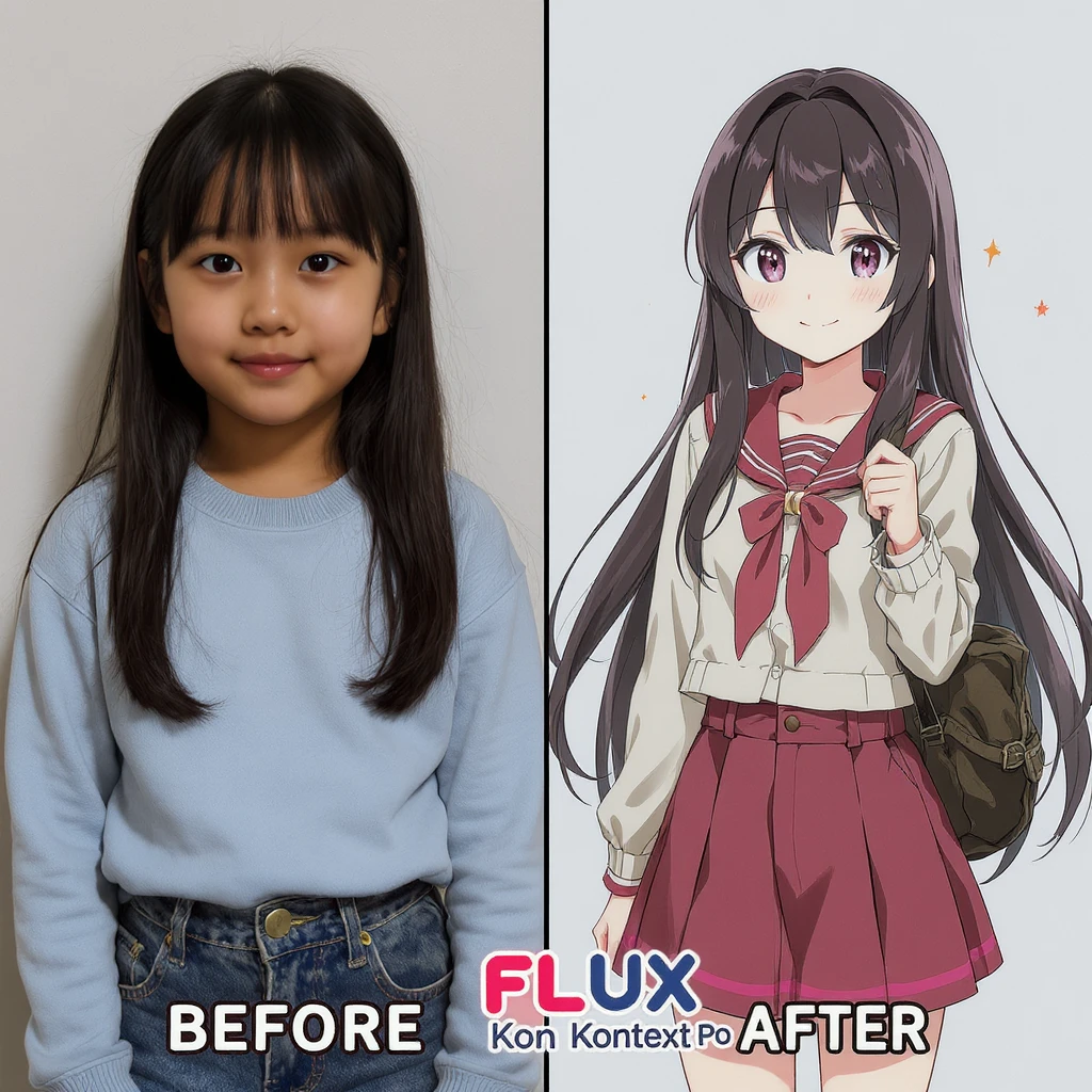 create before after image of a girl before is realsitic photo, after is anime version of her in same pose and clothes, add logo with text of a "FLUX Kontext Pro" emoji