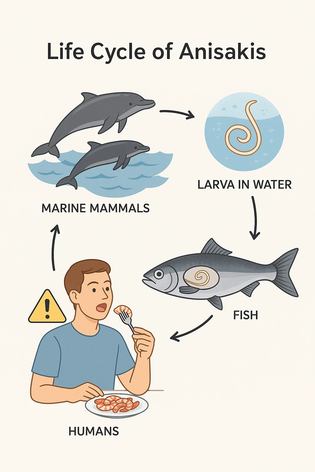 a diagram showing the life cycle of Anisakis, with arrows connecting stages from marine mammals to fish and then to humans. Each stage is illustrated with realistic images: the parasite in the ocean, inside a fish, and the risk to humans who eat contaminated seafood. The style is clear and informative, with labels and icons. emoji