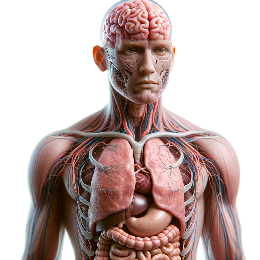 corpo umano anatomico con cervello, intestino e stomaco in evidenza, espressione neutra in volto, posa frontale, iperrealistico 4k, isolato su sfondo bianco emoji