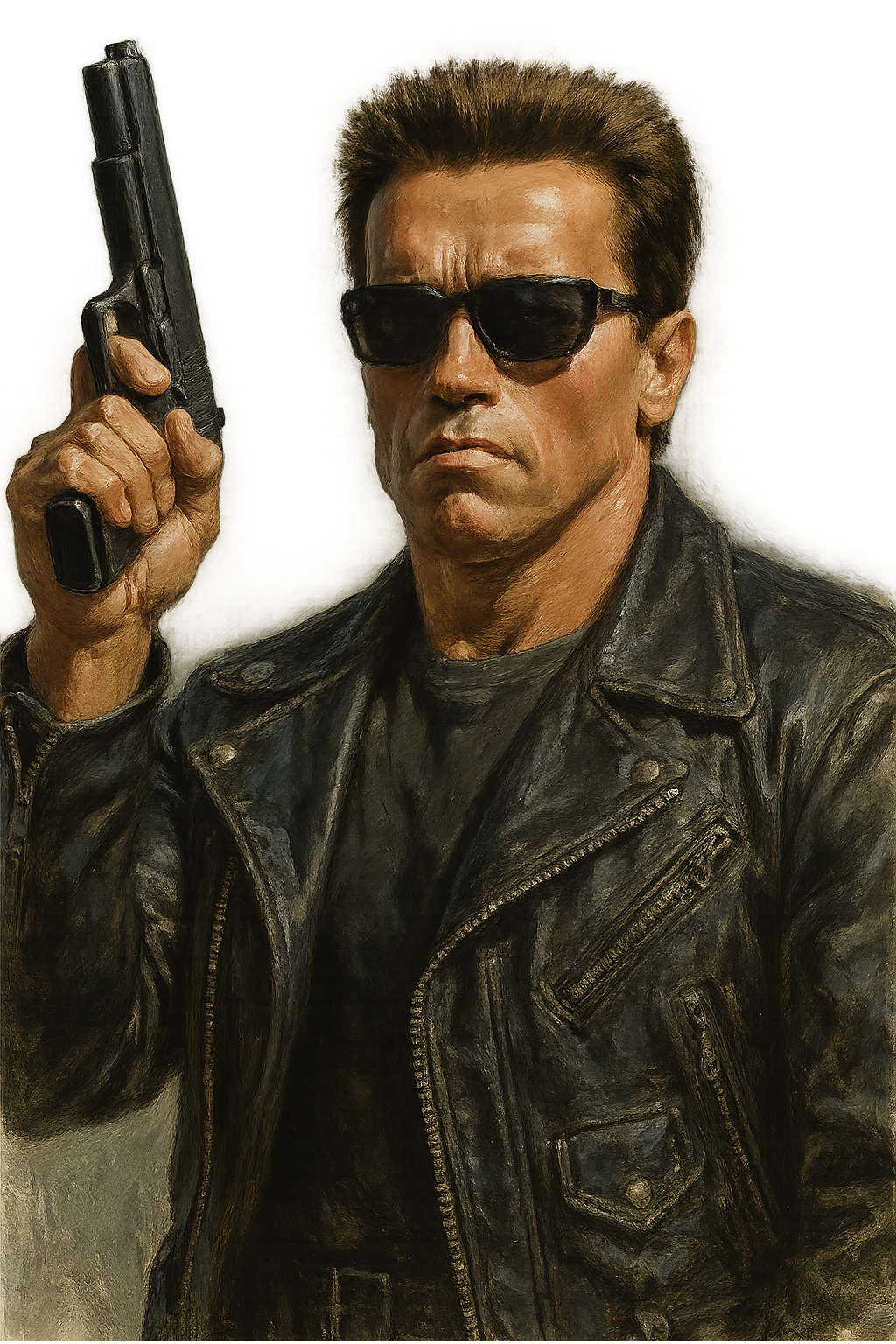 Arnold Schwarzenegger as the Terminator, holding a raised gun, realistic painted style emoji