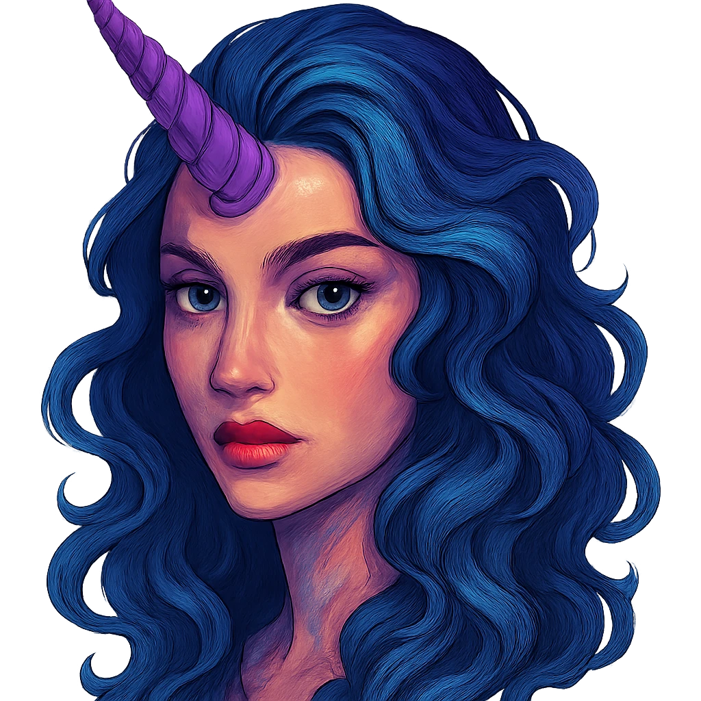 face with purple unicorn horn, digital illustration emoji