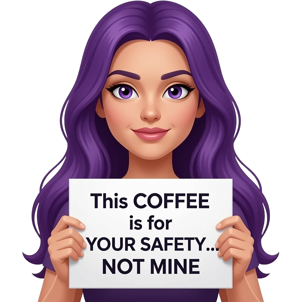sexy girl with long purple hair and purple eyes holding a This COFFEE is for YOUR SAFETY... NOT MINE sign emoji