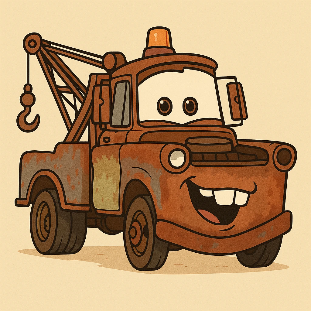 friendly rusty tow truck, cartoon style, Mater from Cars emoji
