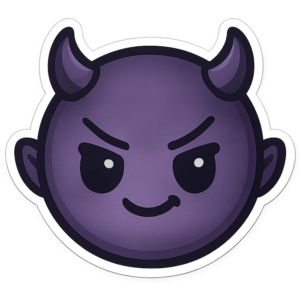 devil emoji in chibi style with gothic palette black and purple, tiny horns, cute but mischievous expression emoji