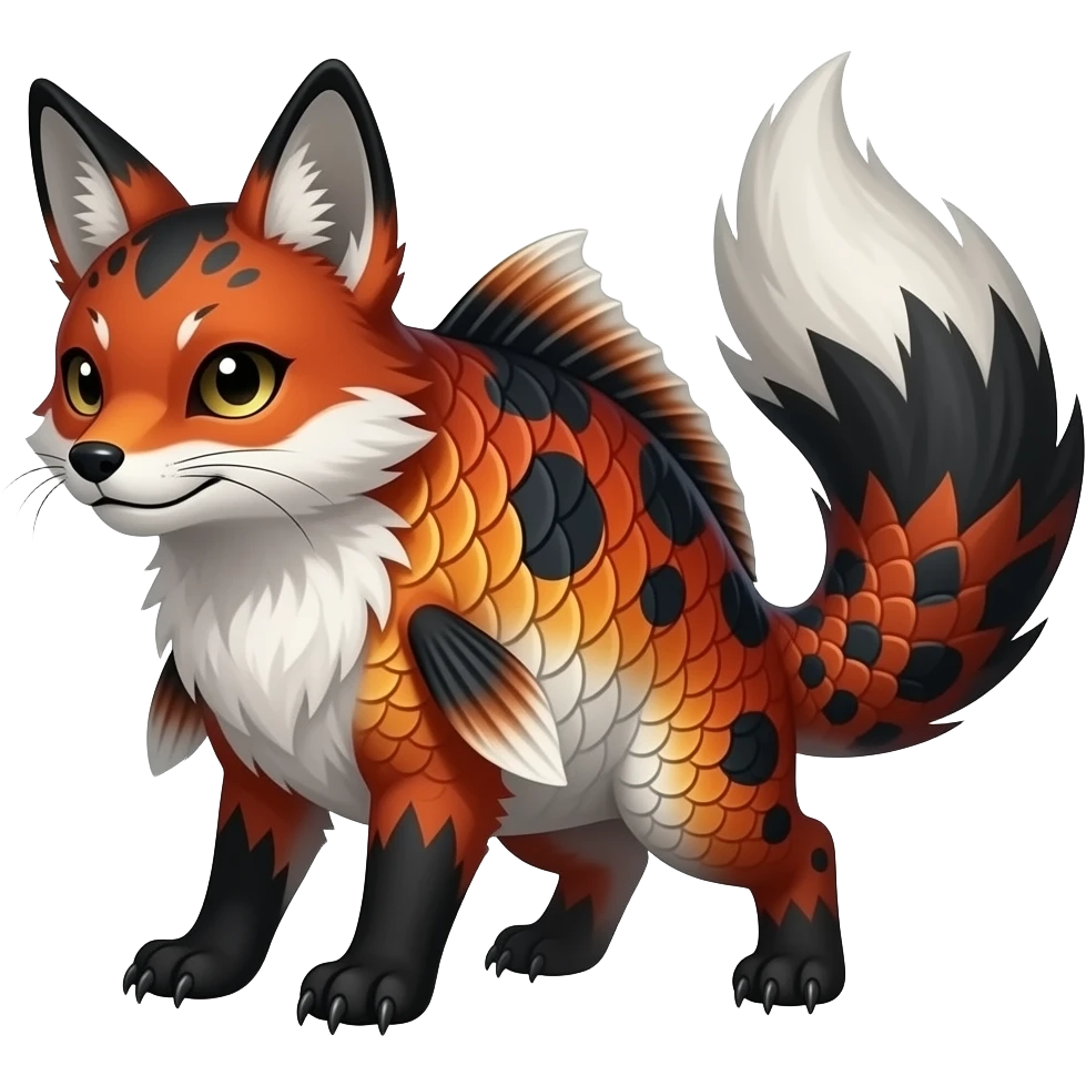 Feral Rare Fantasy scaly evil spooky vibrant dark shady shaded detailed koi-fish-colored colorful Vernid-Sergal-Genet-Trico-Fox-species by LiLaiRa, with dark-blackish points, white belly, random markings, tufted tail, tufted ears, full body emoji