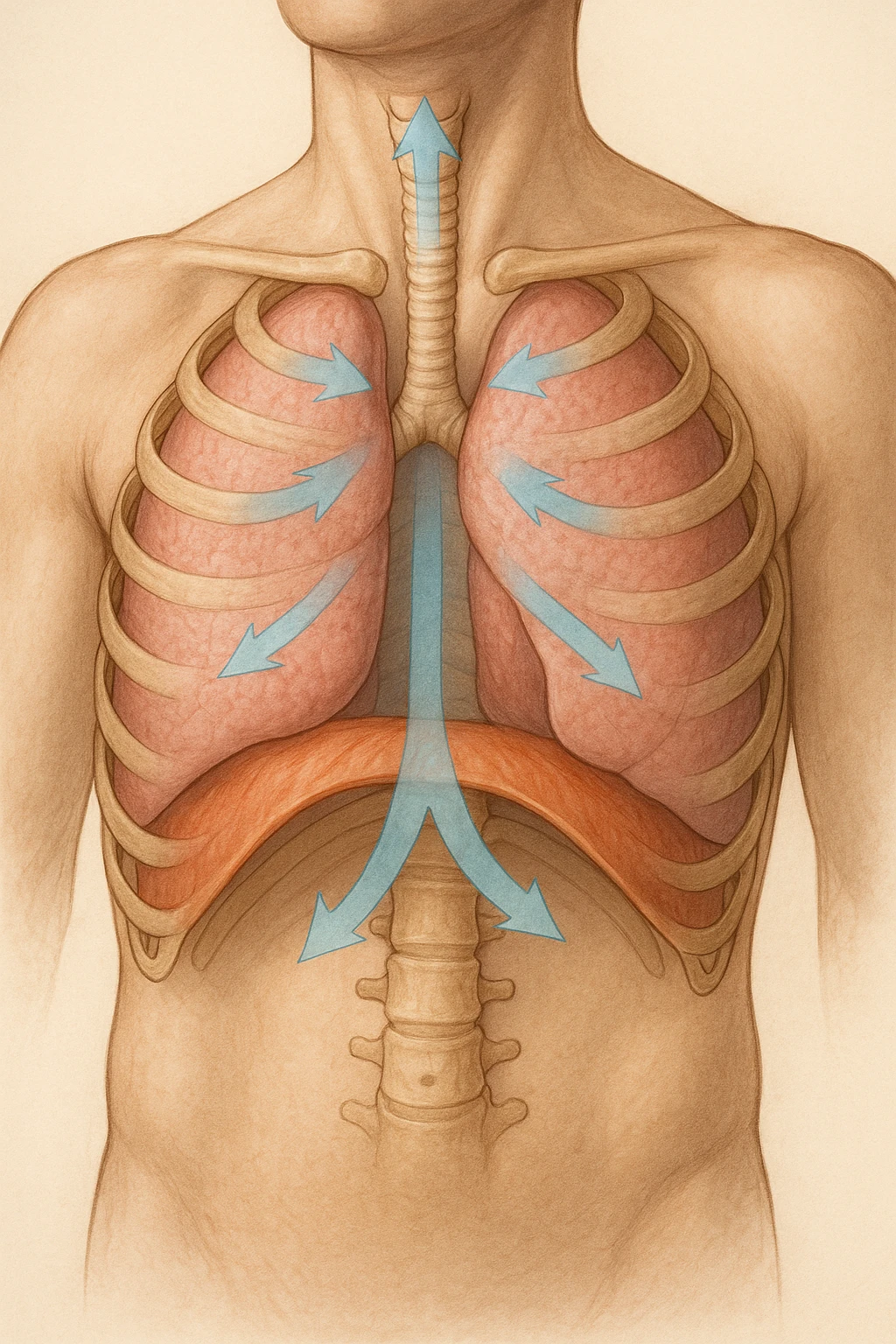 A realistic, high-quality anatomical illustration showing a human torso with visible rib cage and diaphragm. The ribs are shown in a decompressed, expanded state, allowing full lung expansion, while the diaphragm is depicted as relaxed and lowered, indicating deep, efficient breathing. Soft blue and warm tones highlight airflow and lung capacity, with light arrows illustrating the air movement during diaphragmatic breathing. The image conveys a sense of calm, openness, and optimal breathing mechanics, useful for physiotherapy, breathing education, and osteopathic learning contexts emoji