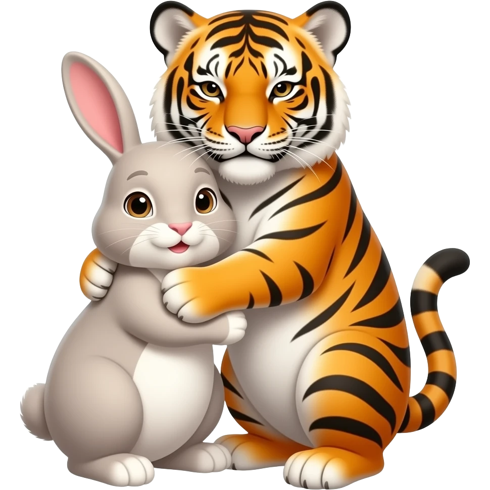 cute chibi style bunny and tiger cuddling emoji