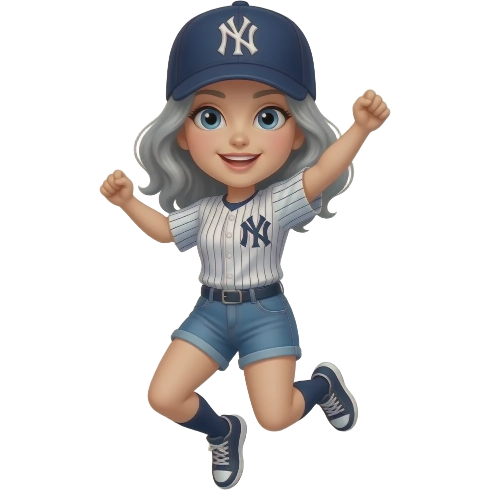 Female gray hair ny yankee with ny yankee hat jumping emoji