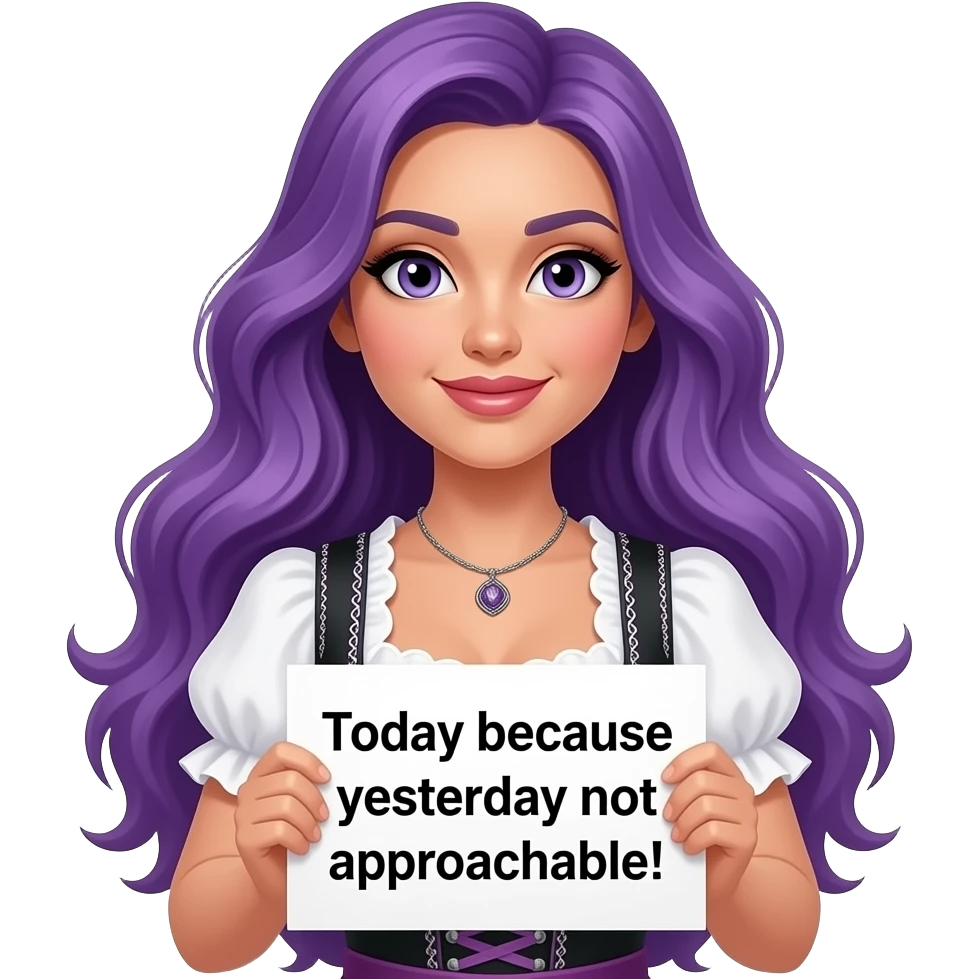 sexy girl with long purple hair and purple eyes wearing a dirndl holding a HEUTE wegen GESTERN nicht ANSPRECHBAR! sign emoji