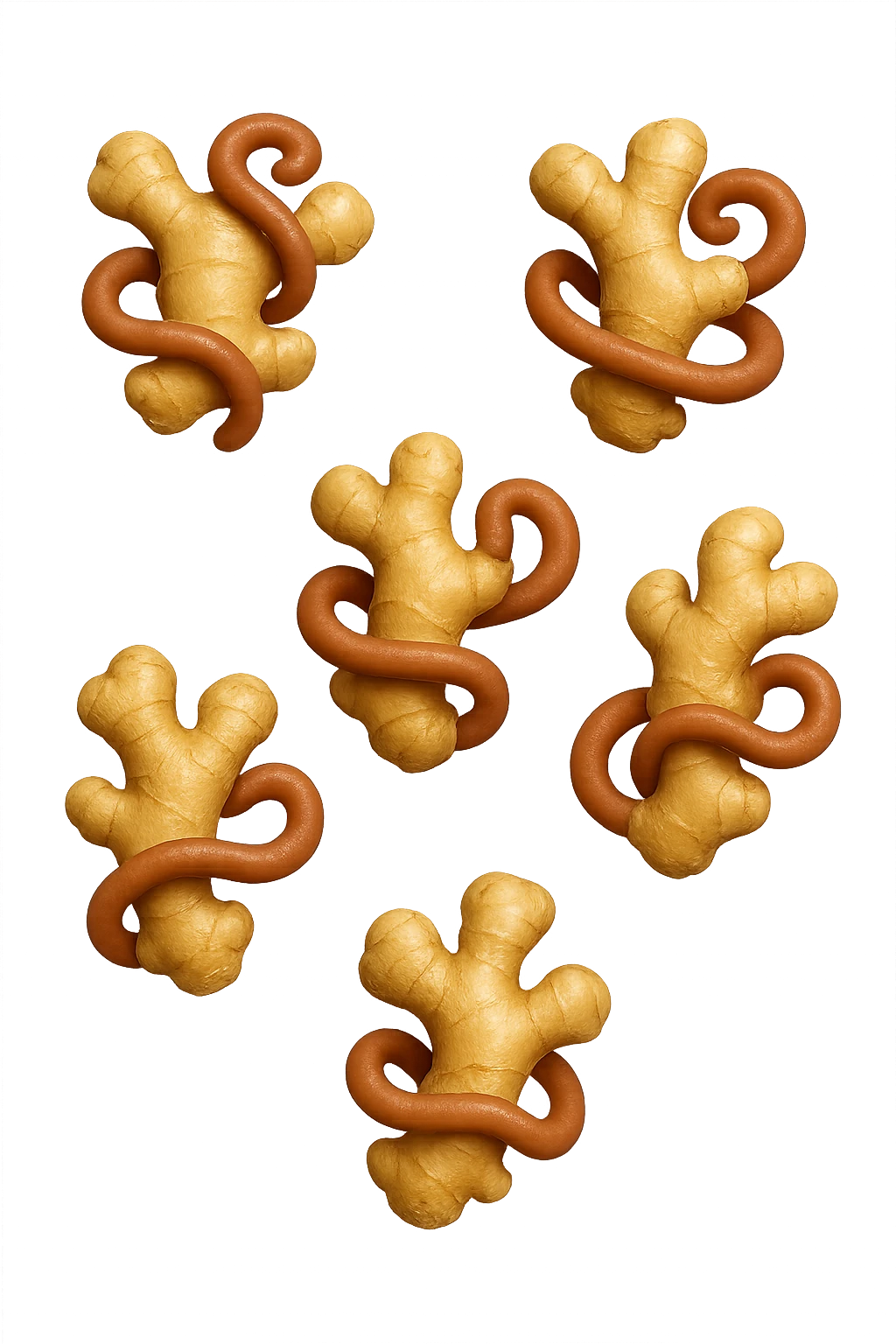 emoji stile iphone 3d di 6 piccoli pezzi di zenzero che fluttuano in aria con pezzi di colon arrotolati intorno, iperrealistico 4k emoji