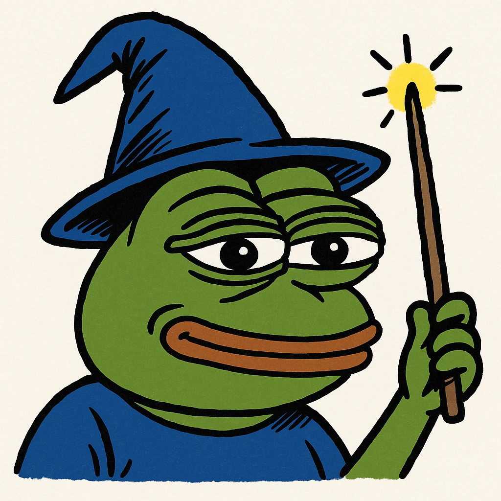 Pepe the Frog with a wizard hat and magic wand, meme style emoji