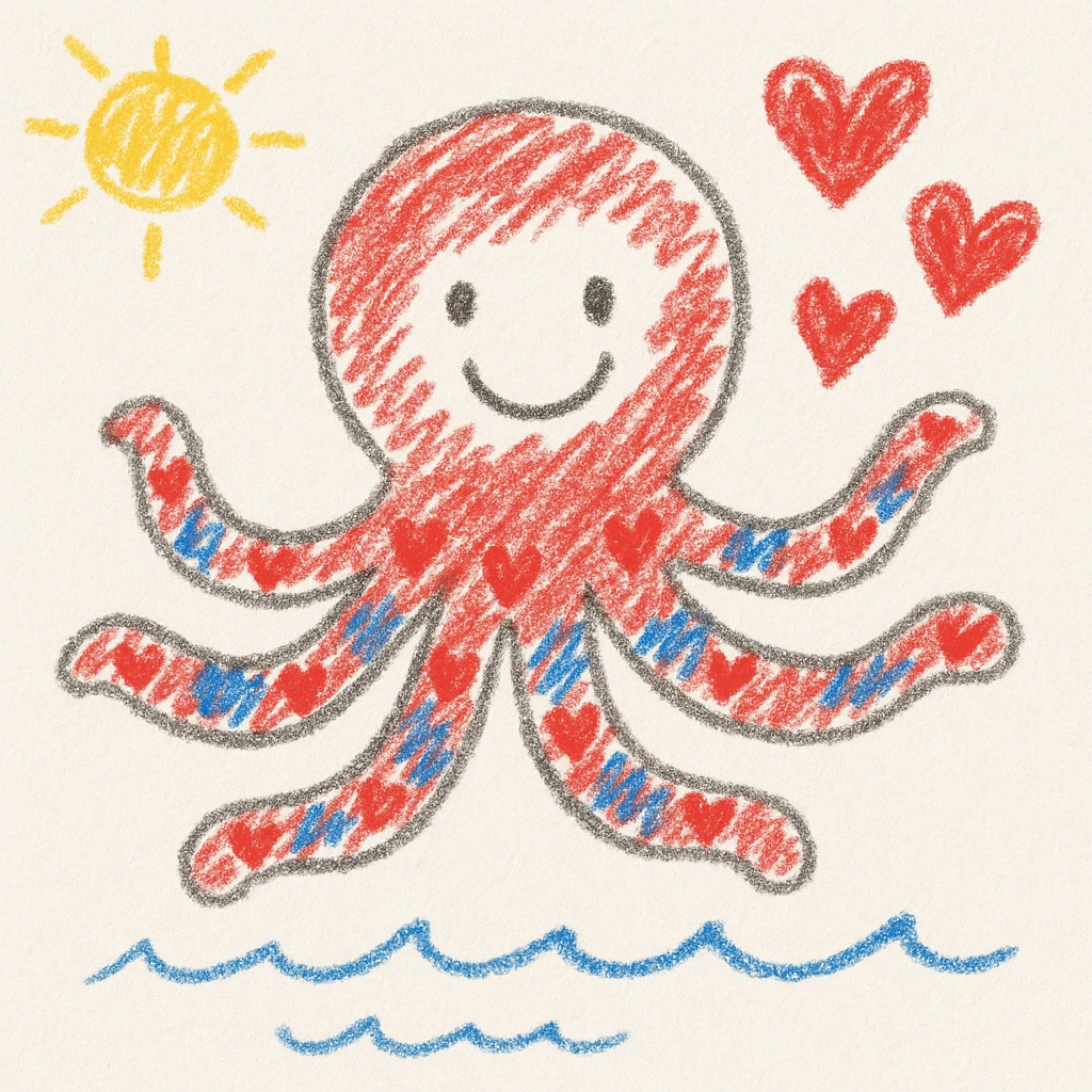 cute octopus with heart shapes, expressing love emoji
