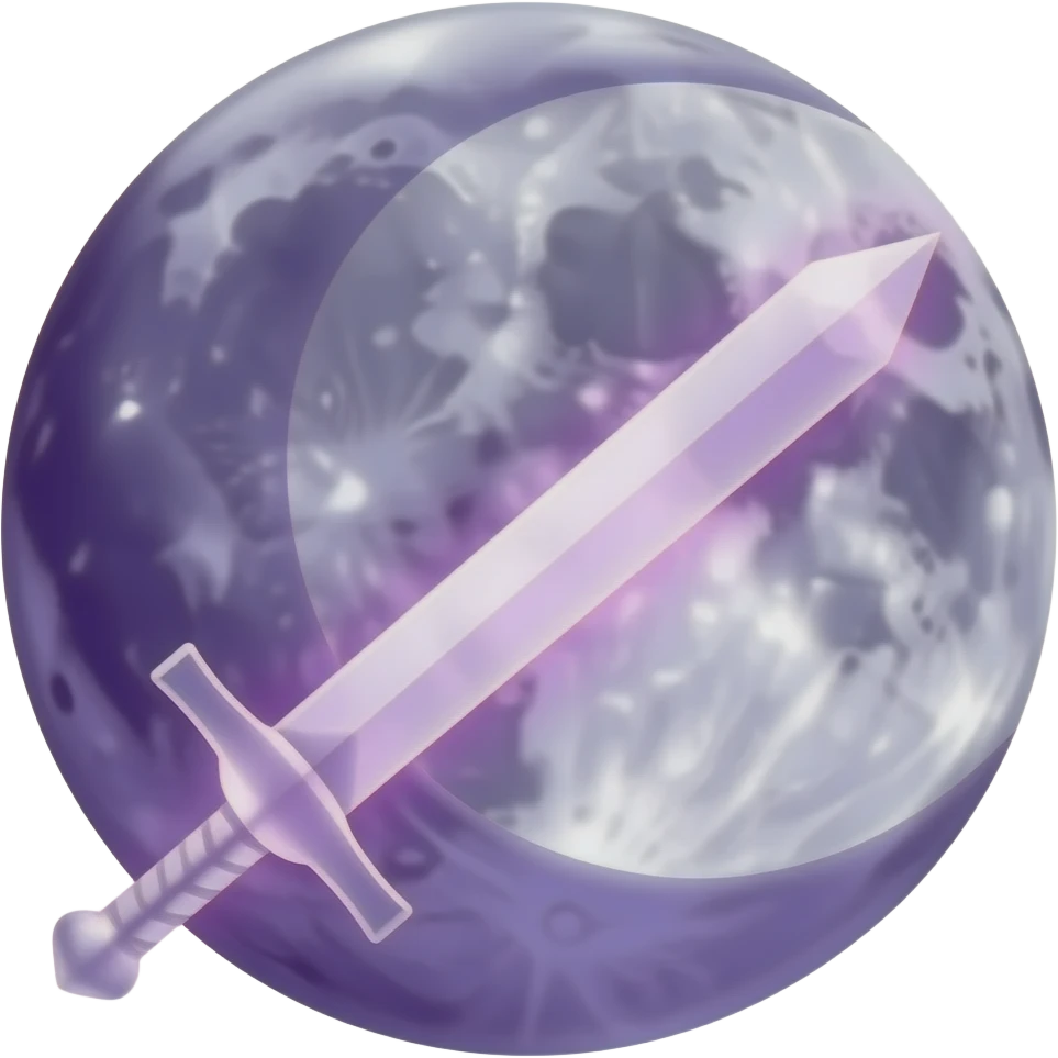 transparent dark purple detailed crescent moon with an elegant detailed glowing transparent sword, emoji style. The sword is positioned so that the blade points away from the moon and the hilt faces toward the moon (blade facing outward, not toward the moon). Soft violet and pink glow emoji