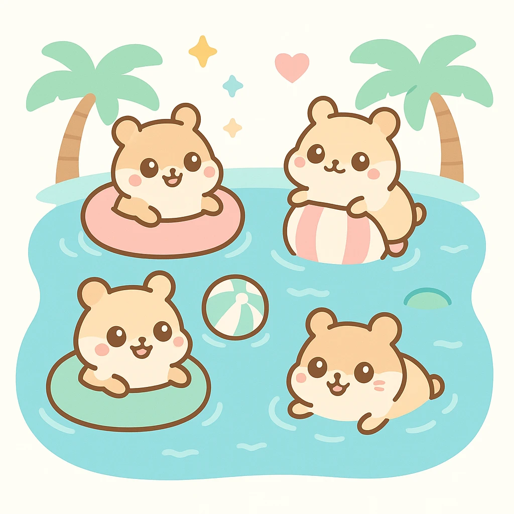 adorable hamsters swimming and playing in a pool, surrounded by palm trees and pool toys, cheerful and lively scene emoji