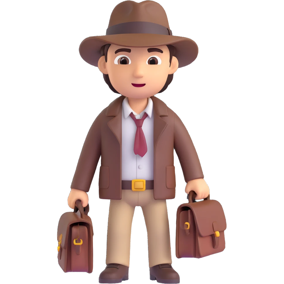 Indiana Jones 3D emoji style, with fedora, leather jacket, and satchel emoji