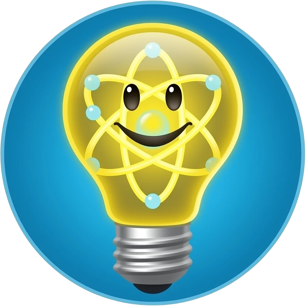 neon yellow lightbulb emoji with smiling face, rotating atom inside, chemical bubbles, electric blue... emoji