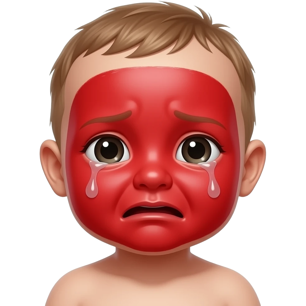 Crying baby with red paint on face emoji