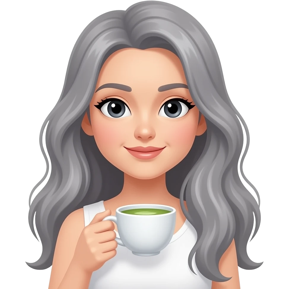 lady with black eyes and grey really long hair holding a matcha emoji