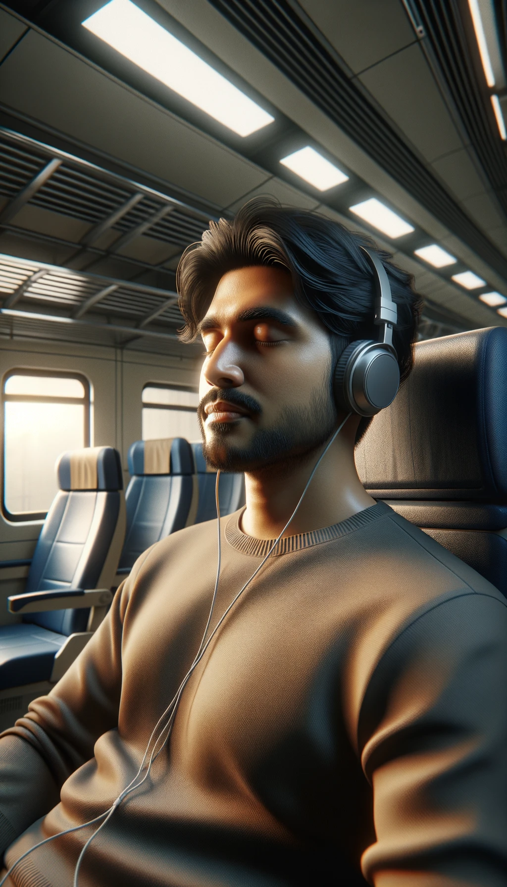 UOMO che ASCOLTA MUSICA CON LE CUFFIETTE NELLE ORECCHIE E GLI OCCHI CHIUSI SEDUTO SUL SEDILE DI UN TRENO, sullo sfondo L'INTERNO DELLA CABINA DI UN TRENO con toni chiari neutri, iperrealistico 4k emoji