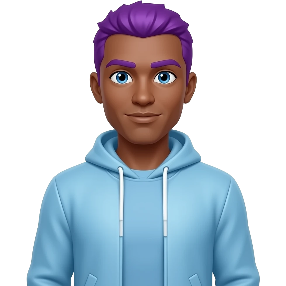 Gabriel and the guardians style male brown skin all cyan outfit purple hair blue eyes full body emoji