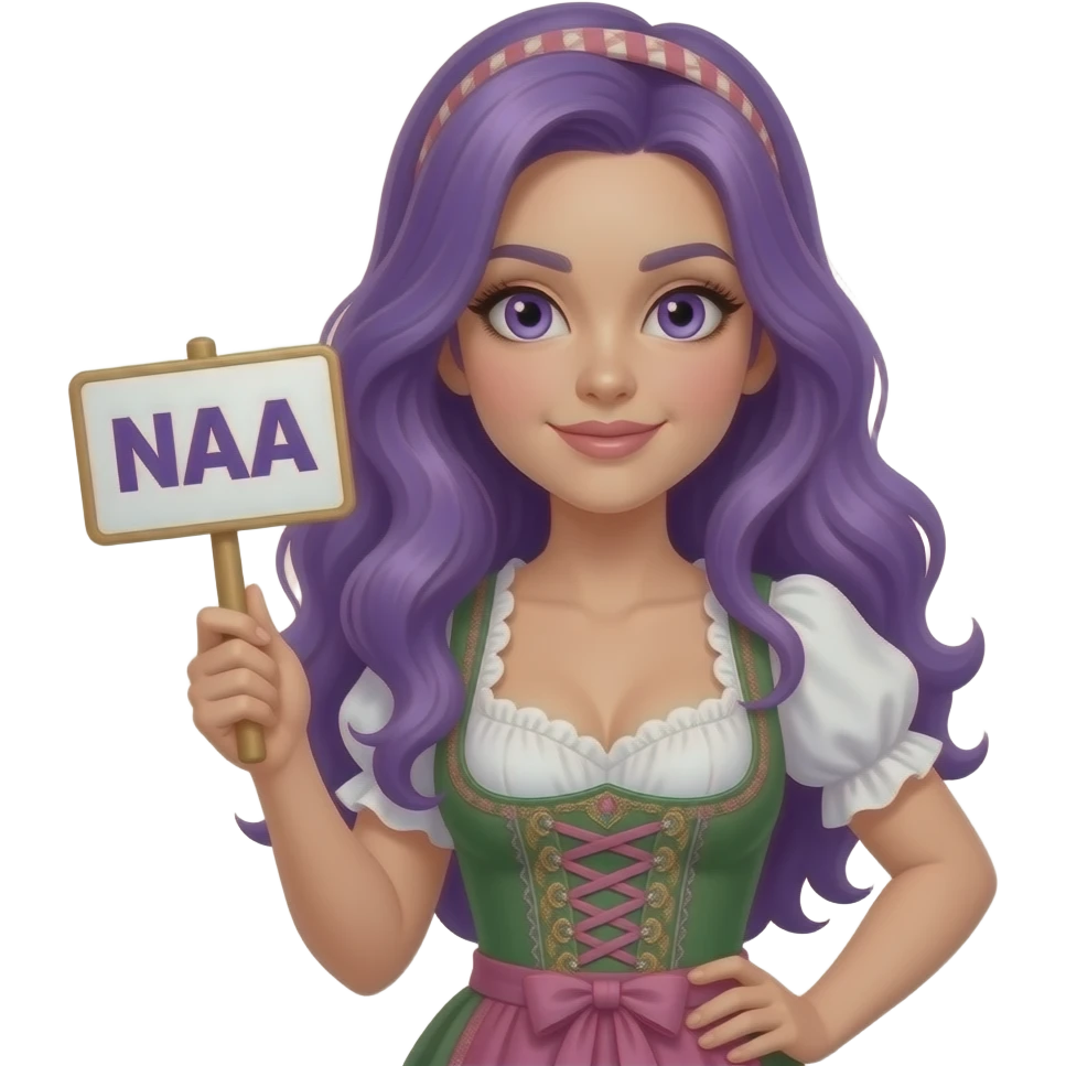 sexy girl with long purple hair and purple eyes wearing a dirndl holding a NAA sign emoji
