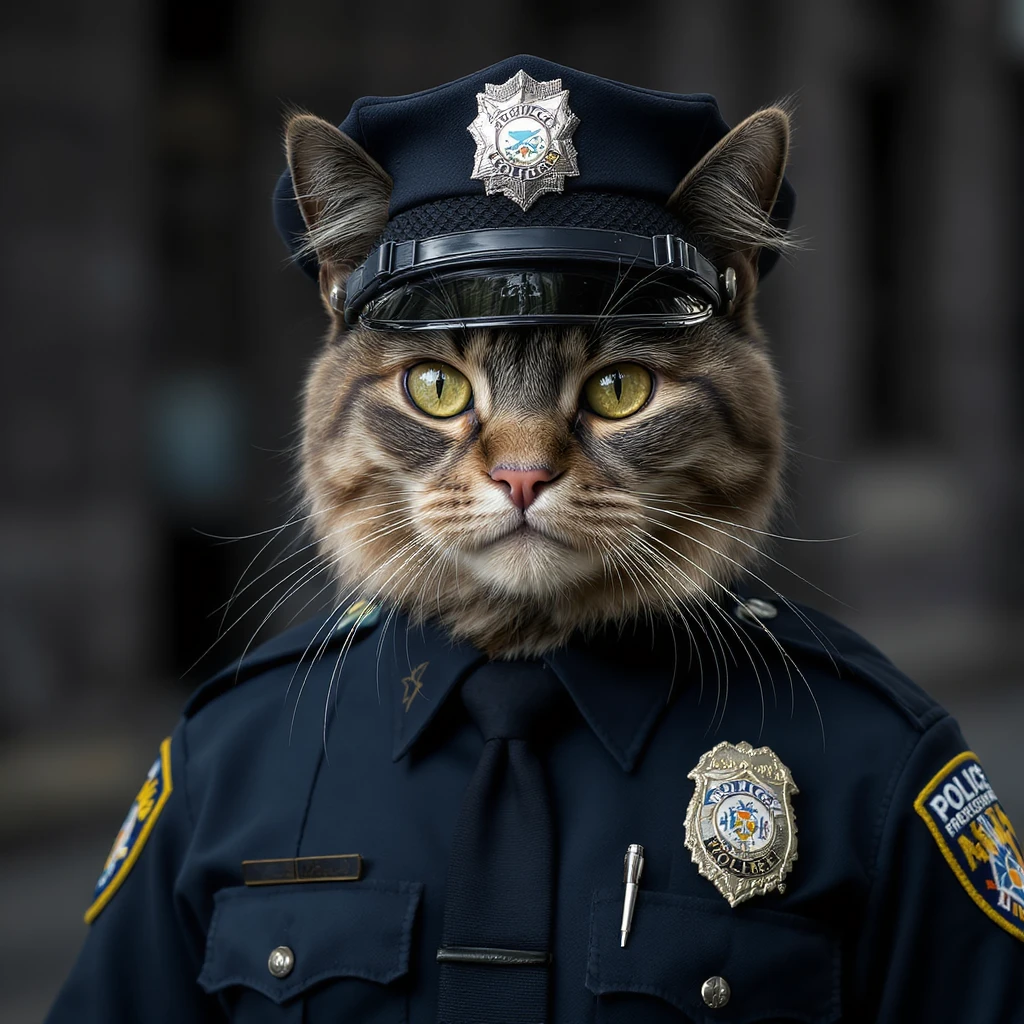 a police officer with a cat body, realistic illustration style, highly detailed, lifelike emoji