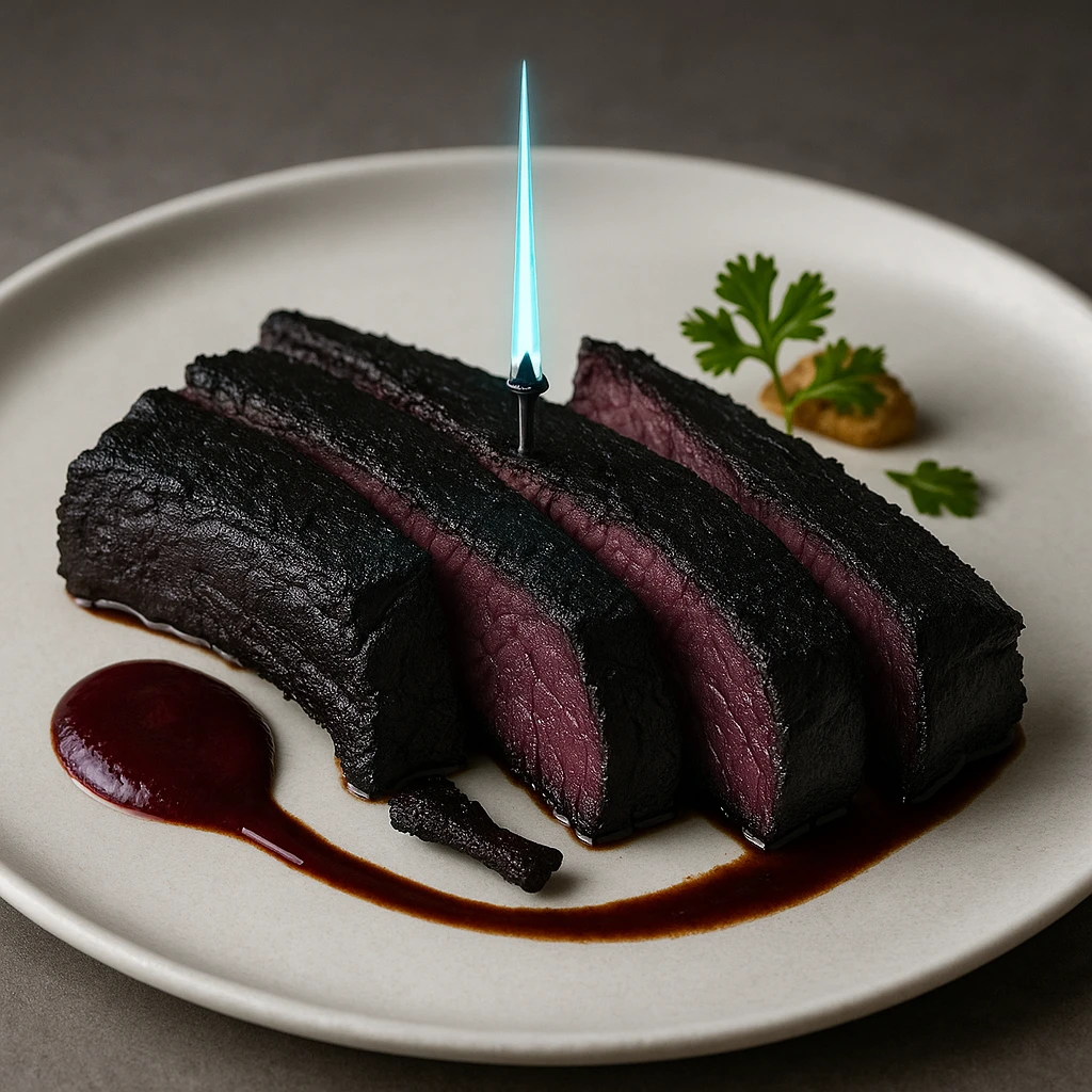 a delicious plate of smoked ribs, the color of the meat is succulent dark blackish purple, the 5 Michelin star dish is plated with a tiny energy sword piercing the center emoji