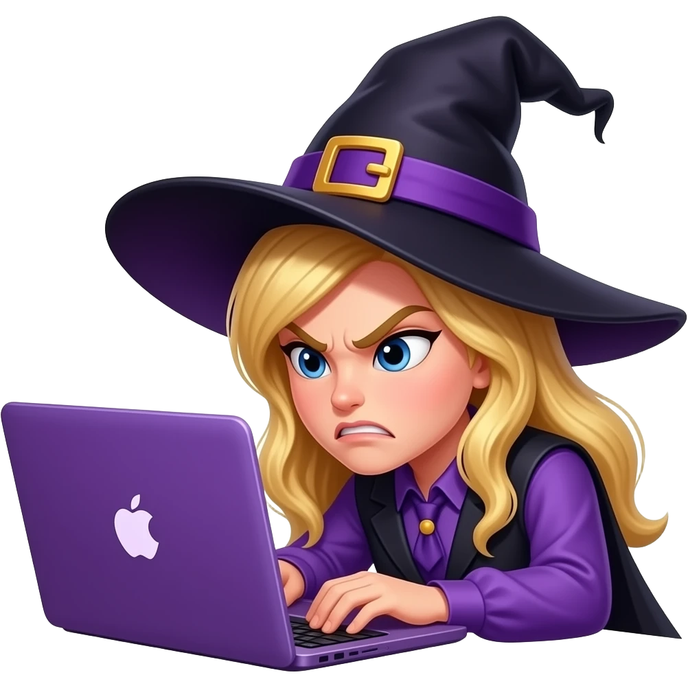 blonde witch, resting head on purple apple macbook keyboard, looking angry,purple and black outfit, coding emoji