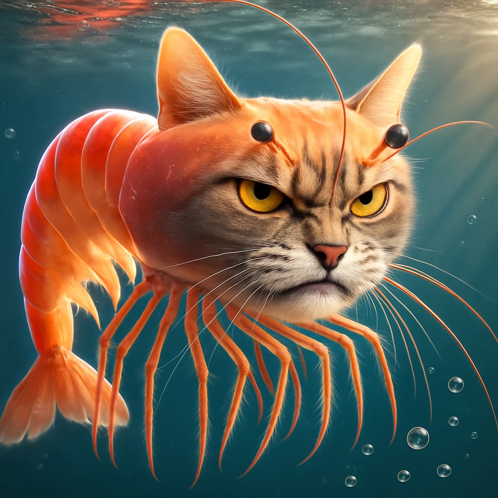 Change the expression of the cat-shrimp creature to angry, keeping all other details and colors the same, in a style consistent with the original image. emoji