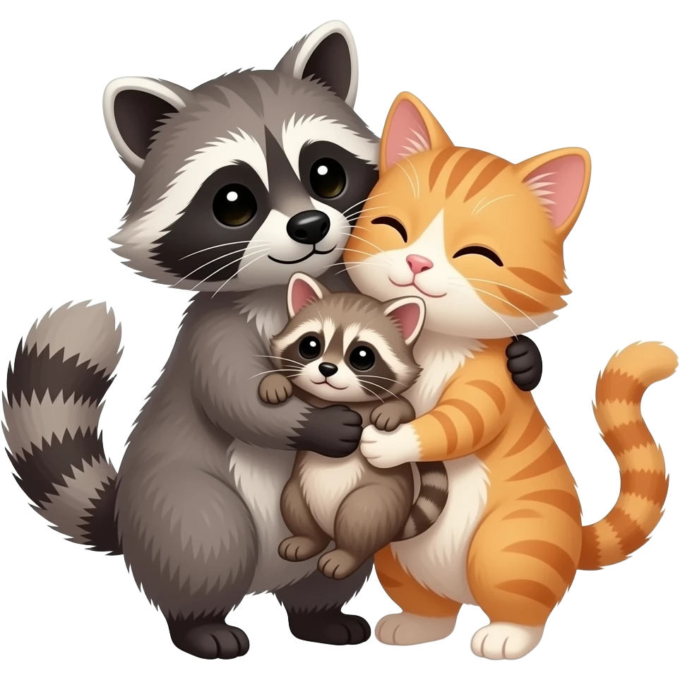 raccoon and cat hug each other, they made their baby emoji