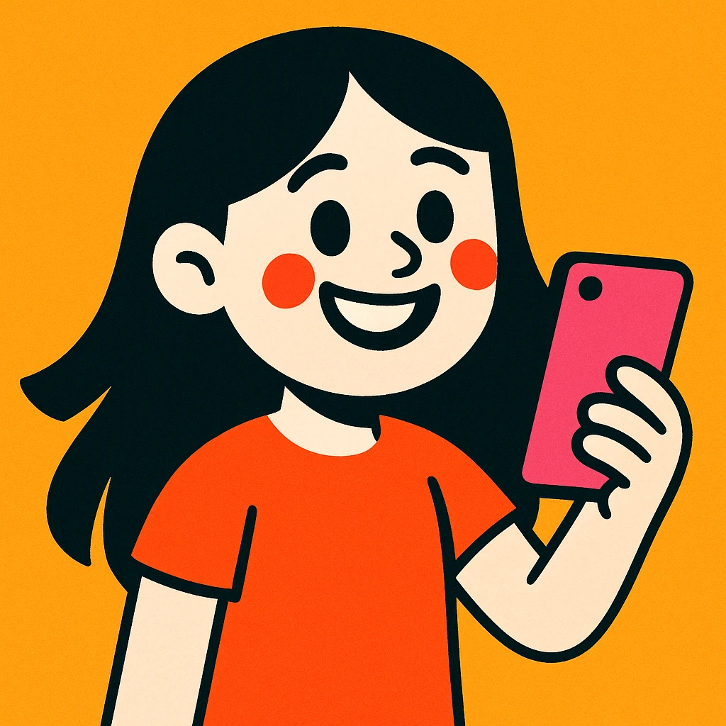 smiling white girl with long black hair holding cellphone emoji