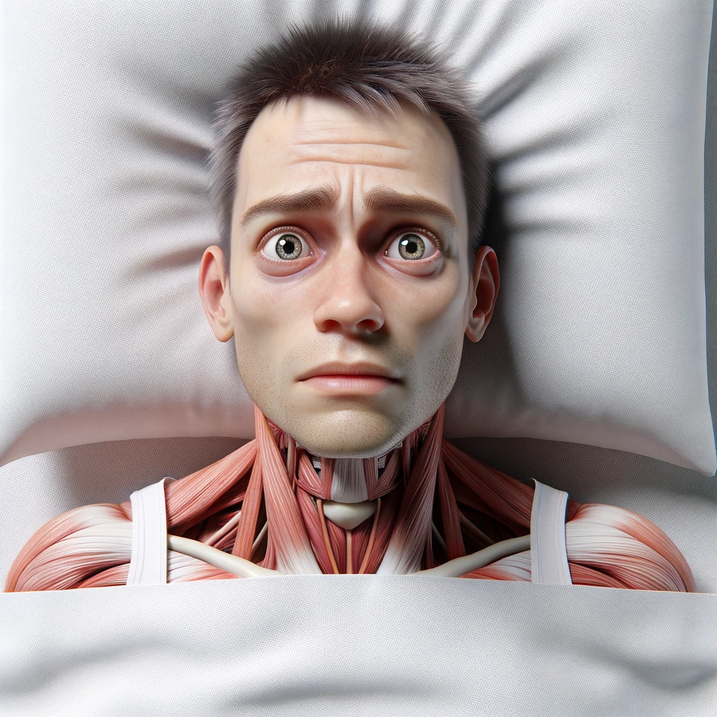 corpo umano anatomico con capelli corti che non riesce a dormire muscoli e organi in evidenza, sta nel letto con  gli occhi sbarrati e l'espressione nervosa, visto dall'alto, iperrealistica 4k, isolato su sfondo bianco emoji