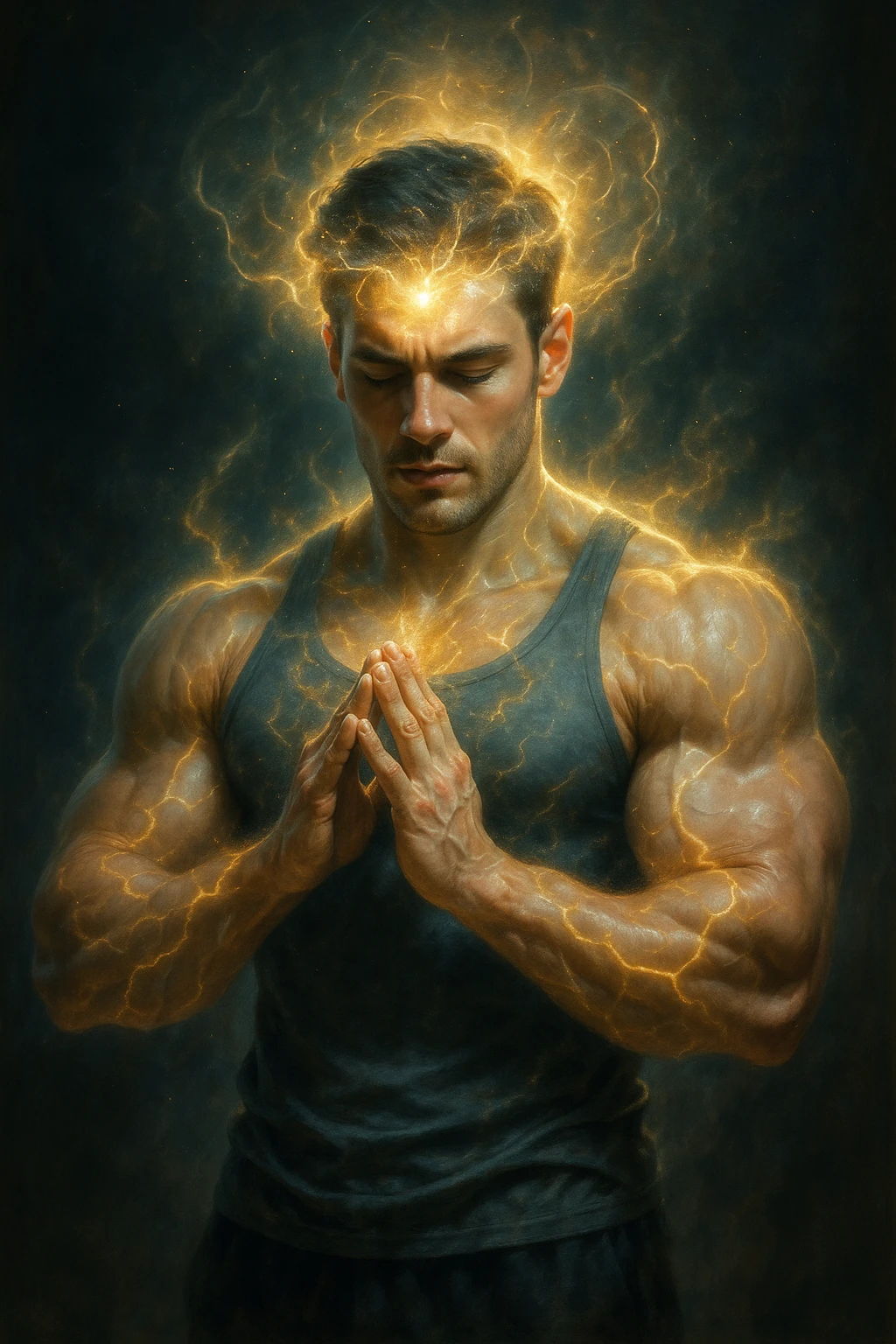 realistic cinematic style, inspirational atmosphere, man growing muscular just by imagining training, visual effects showing the power of the mind, 2:3 aspect ratio emoji