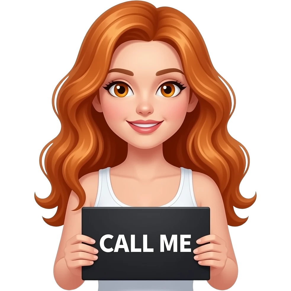 sexy girl with long wavy ginger hair and ginger eyes wearing a white tanktop is holding a black colored sign with CALL ME written on it emoji