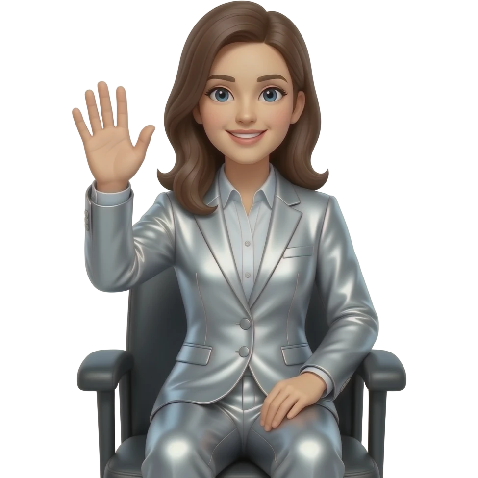 Create an emoji of a seated woman in metallic silver, making a waving gesture. The background is white. The final result must have maximum resolution, high contrast, and extreme sharpness. Illustration style: Vintage – Art Deco – 2D emoji