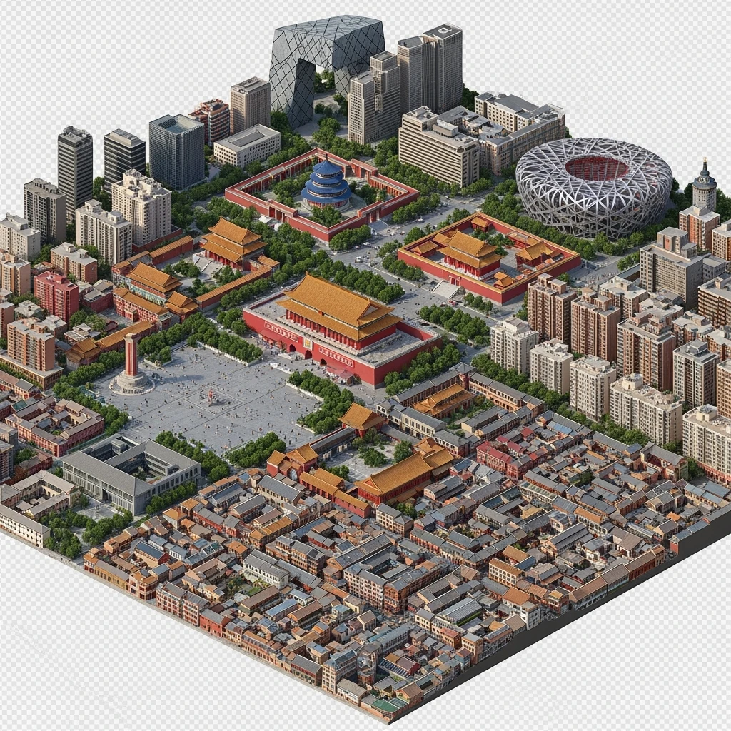 Isometric miniature of Beijing Forbidden City, Tiananmen Square, CCTV Headquarters, Temple of Heaven, China Zun Bird’s Nest Stadium and crowded hutong alleys, apartment blocks, 3D miniature effect and Tilt Shift effect, no cartoonish look, transparent background, don't cut angles emoji