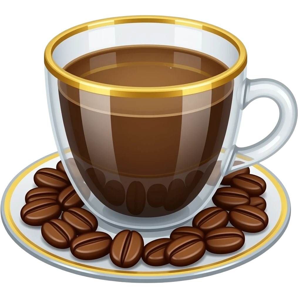 XICARA TRANSPARENTE COM BORDA DOURADA COM CAFÉ DENTRO, E NO PIRES GRAOS DE CAFE emoji
