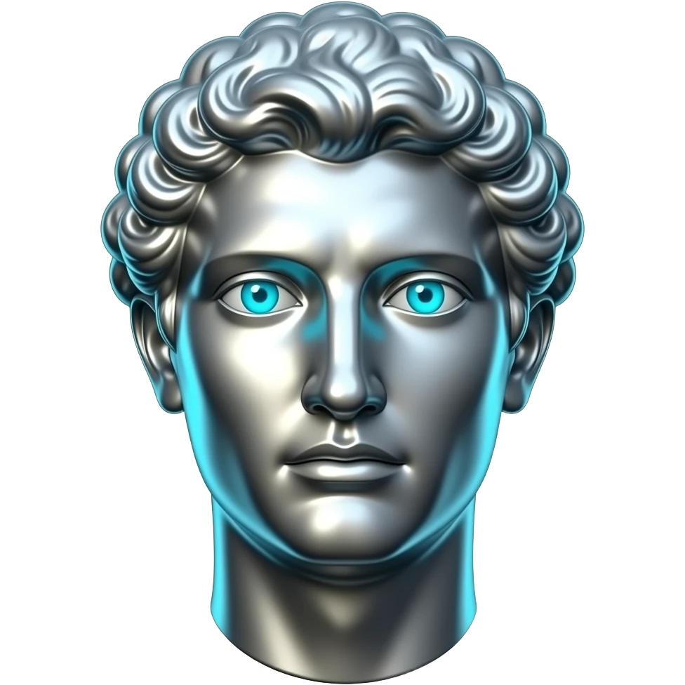 A polished chrome stoic Greek statue head front facing with glowing cyan (#00D4B1) eyes, no background. Metallic reflections with subtle cyan light accents. with cash falling in the background emoji