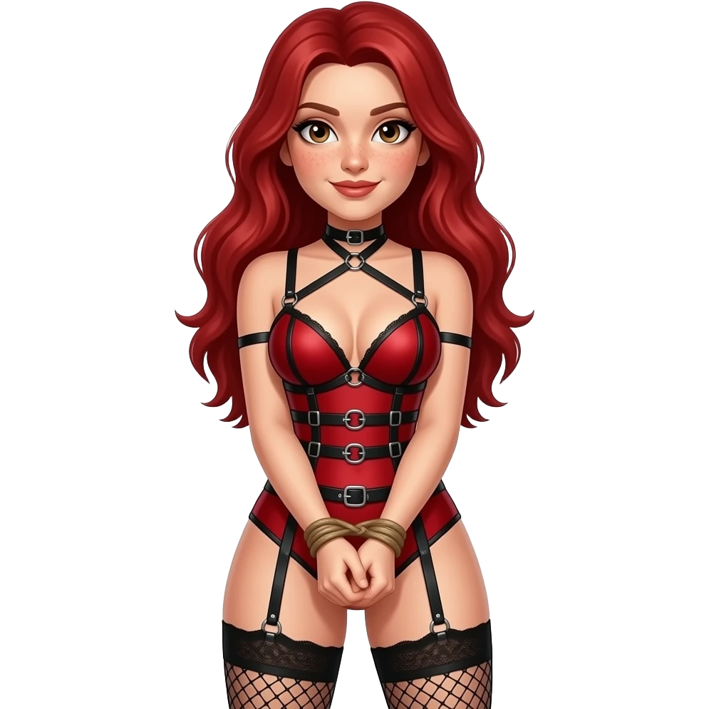 Light skin with freckles, long red hair, hazel eyes Dominatrix, wearing BDSM style red harness lingerie and black fishnet stockings. Hands bound emoji