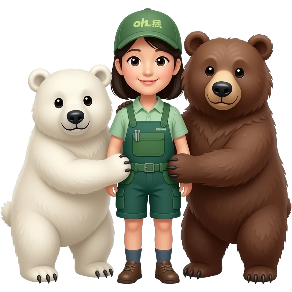 korean woman zookeeper for one white bear and one grizzly bear ( same size bears) affectionate to the zookeeper emoji