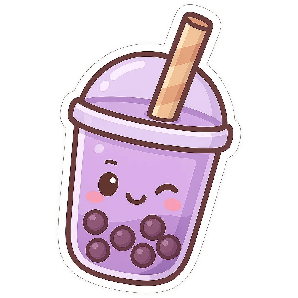 purple bubble tea with a winking face, cute and exaggerated chibi sticker style emoji